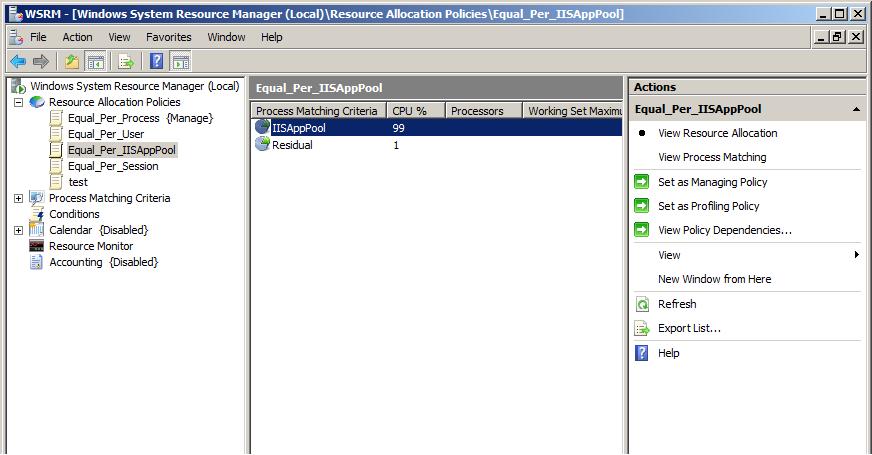 Captura de pantalla del cuadro de diálogo W S R M con el carácter de subrayado igual por cada grupo de aplicaciones I S de subrayado seleccionado en las directivas de asignación de recursos.