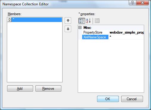 Screenshot of the Namespace Collection Editor dialog box. X m l Name Space is highlighted.