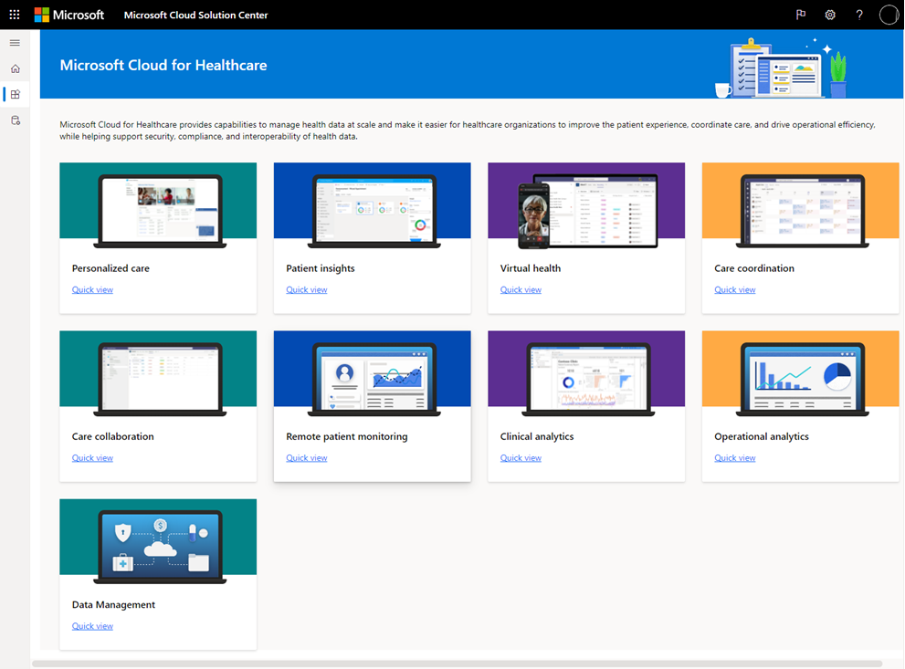 Captura de pantalla del Centro de soluciones de Microsoft Cloud, que muestra las capacidades de Microsoft Cloud for Healthcare.