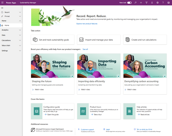Captura de pantalla en la que se muestra la nueva página principal para Microsoft Sustainability Manager.