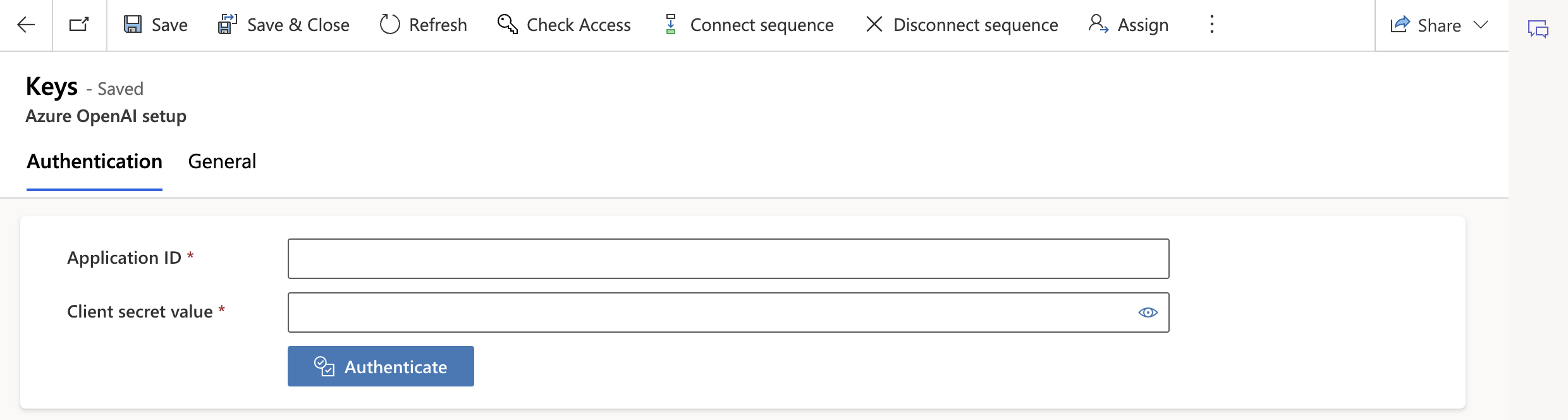 Captura de pantalla que muestra la pestaña de autenticación de Azure OpenAI.