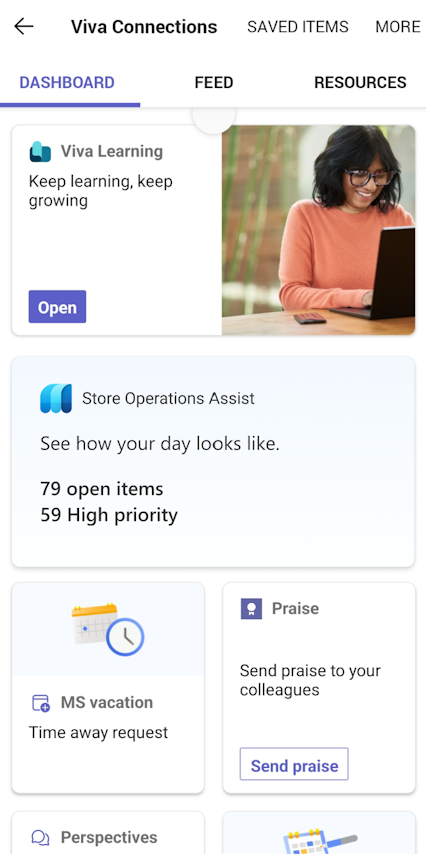 Captura de pantalla que muestra la IU de Store Operations Assist desde Viva Connections.