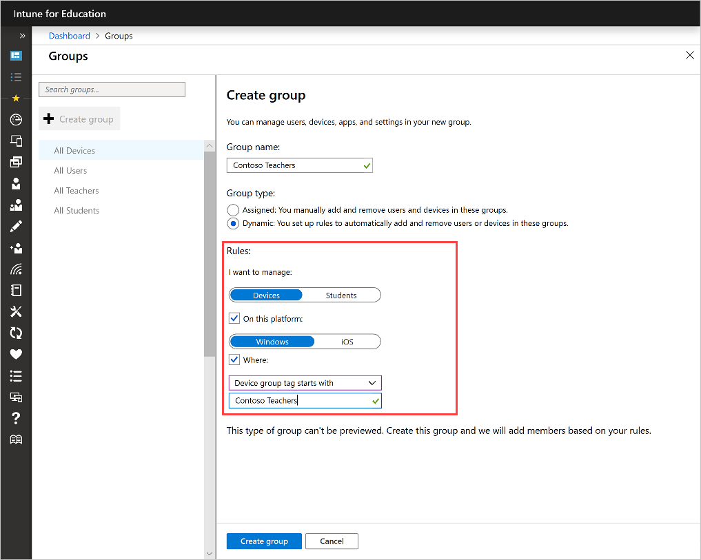 Captura de pantalla de la página Grupos, Crear grupo, resaltando la configuración dinámica del grupo.