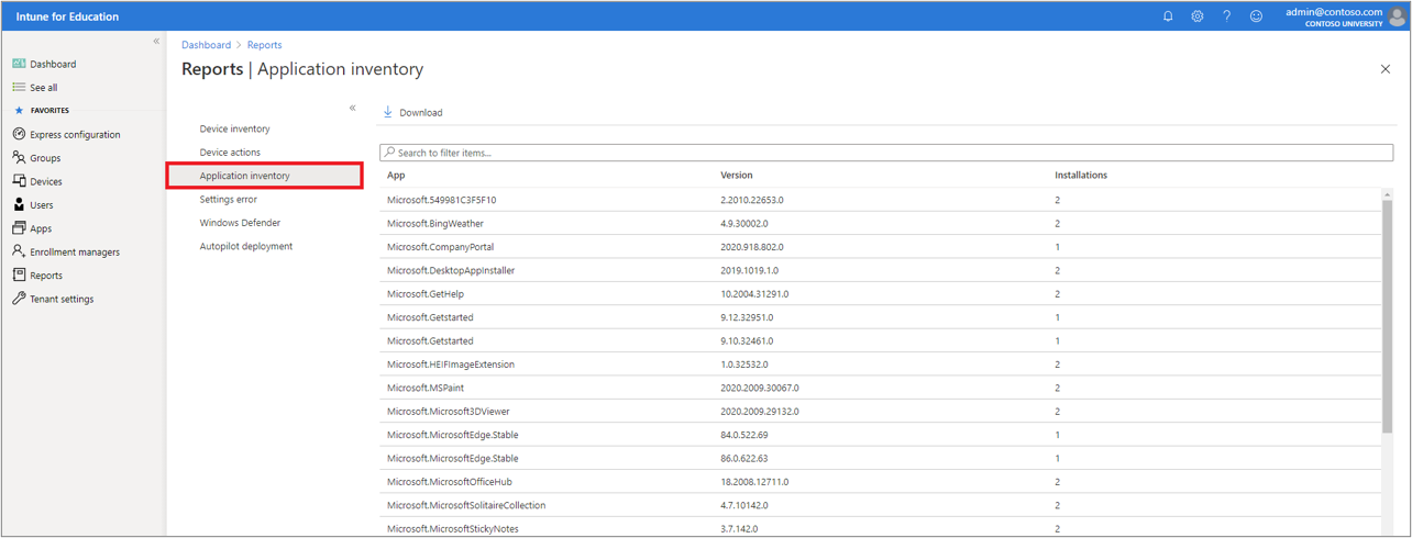 Pantalla del informe de inventario de dispositivos, en la que se muestra una lista de dispositivos en Intune para la administración de Educación.