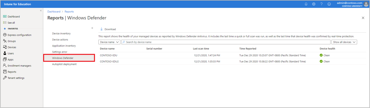 Pantalla del informe Windows Defender, que muestra una lista de dispositivos notificados por Windows Defender Antivirus.