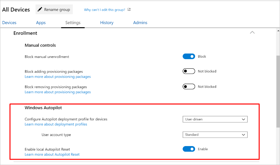 Captura de pantalla del grupo Todos los dispositivos, Configuración de inscripción, resaltado de la sección Windows Autopilot.