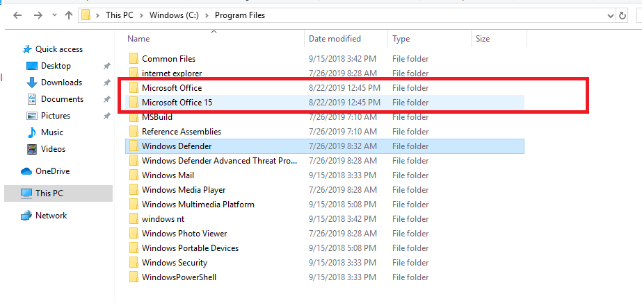 Paquetes de instalación de Office en el directorio program Files