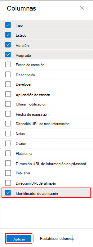Captura de pantalla que muestra cómo seleccionar la columna Id. de lote de aplicaciones en Todas las aplicaciones de Microsoft Intune y el Centro de administración de Intune.