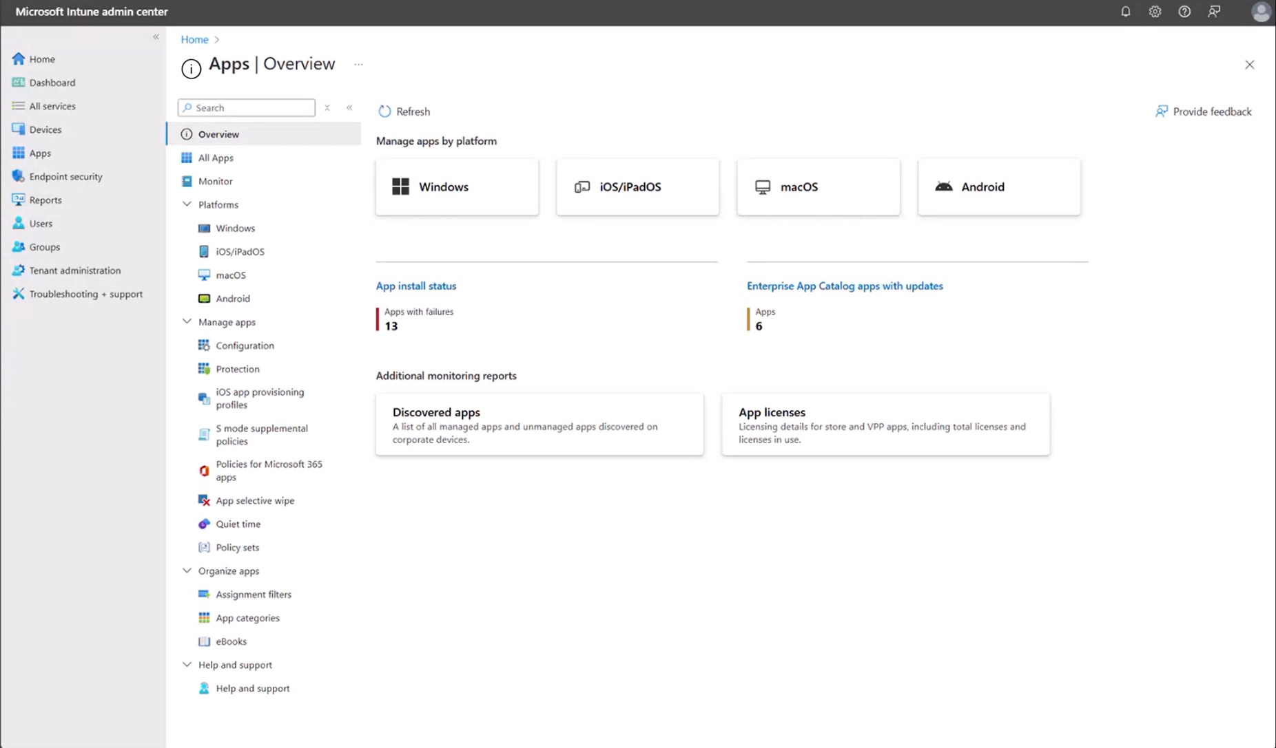 Panel de carga de trabajo Aplicaciones