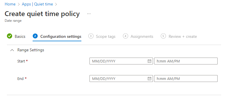 Captura de pantalla de la cámara de espera de Microsoft Intune - Configurar la directiva de intervalo de fechas