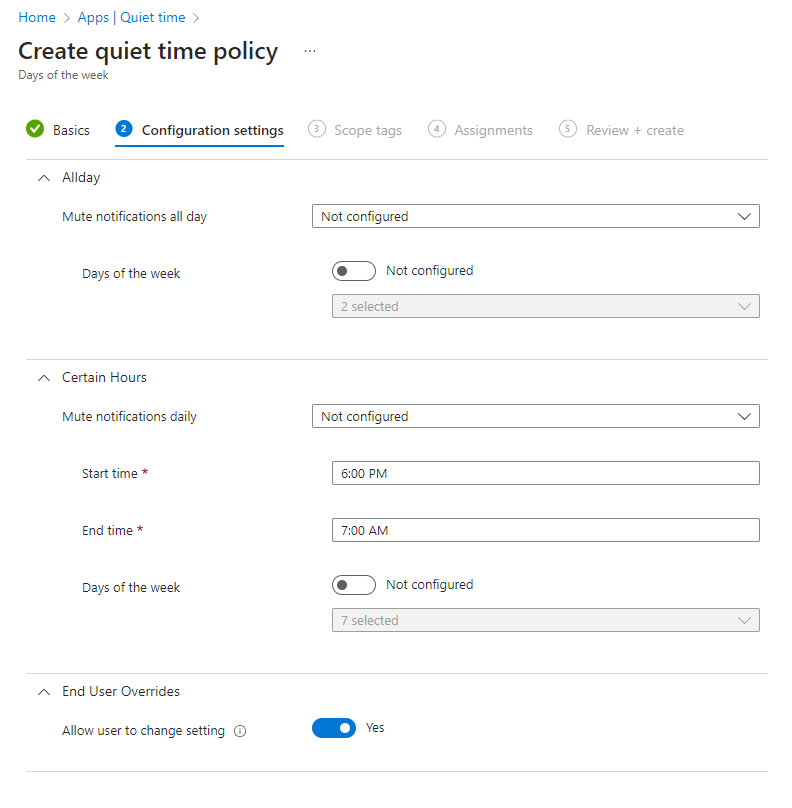 Captura de pantalla de la directiva Tiempo de espera de Microsoft Intune - Configurar los días de la semana