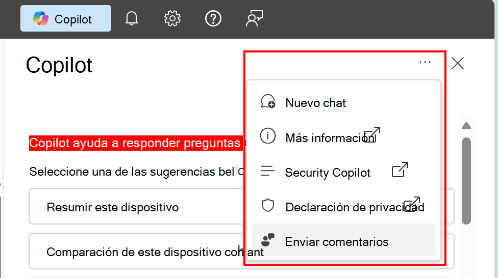 Captura de pantalla que muestra cómo la opción de comentarios de Azure en Microsoft Intune y Intune centro de administración.