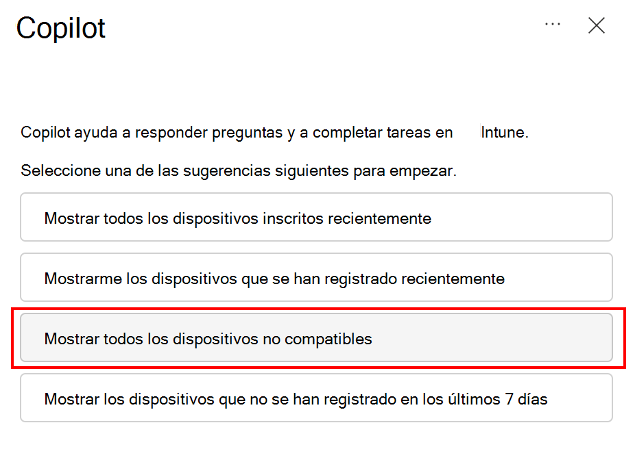 Captura de pantalla que muestra todos los dispositivos no compatibles en un consulta de Copilot en Microsoft Intune o Intune centro de administración.