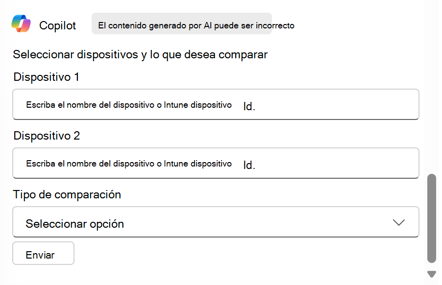 Captura de pantalla que muestra el Copilot comparando dos dispositivos en Microsoft Intune o Intune centro de administración.