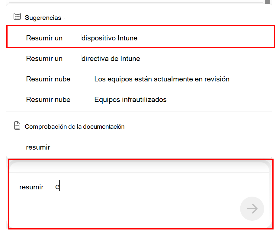 Captura de pantalla que muestra el resumen de un consulta de Copilot de dispositivo Intune en Microsoft Intune o Intune centro de administración.