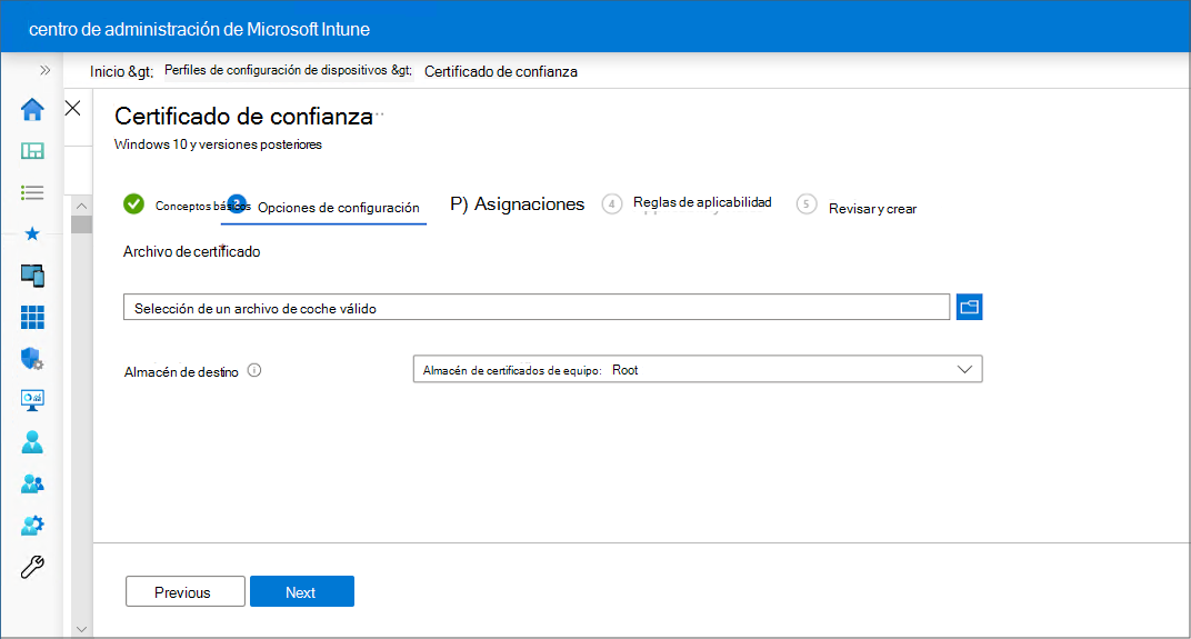 Crear un perfil y cargar un certificado de confianza