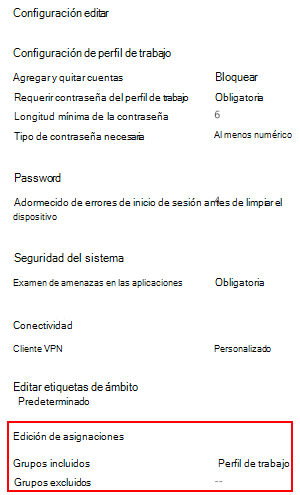 Recorte de pantalla que muestra cómo seleccionar asignaciones para implementar el perfil en usuarios y grupos de Microsoft&nbsp;Intune.