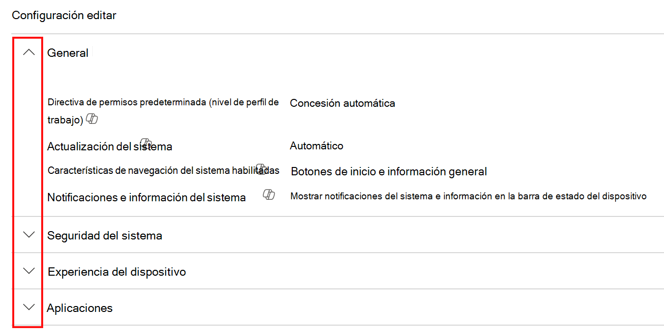 Recorte de pantalla que muestra cómo expandir una categoría para ver la información sobre herramientas de Copilot en Microsoft&nbsp;Intune y el Centro de administración de Intune.