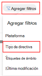 Captura de pantalla que muestra la opción Agregar filtro para filtrar las directivas existentes en Microsoft Intune y Intune centro de administración.