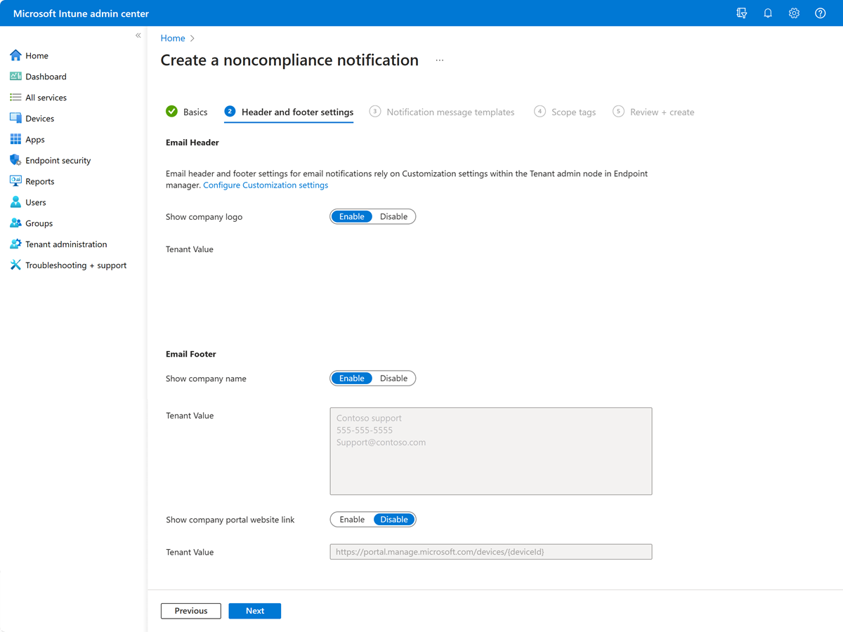 Captura de pantalla que muestra el ejemplo de la página configuración de encabezado y pie de página de un mensaje de notificación en Intune.
