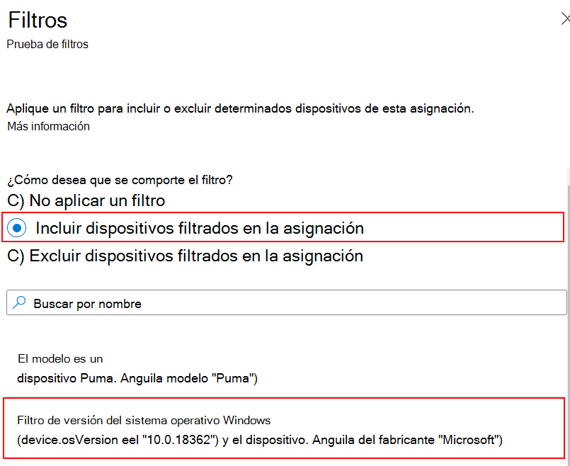 Captura de pantalla que muestra cómo incluir el filtro de asignación al asignar una directiva en Microsoft Intune.