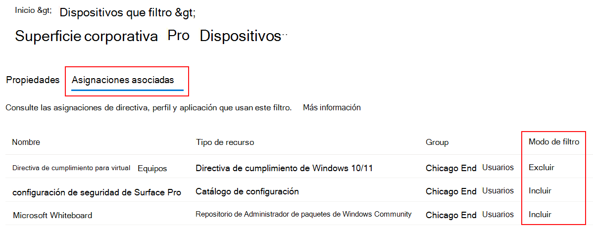 Captura de pantalla que muestra pestañas de asignación asociadas para un filtro de asignación existente en Microsoft Intune.