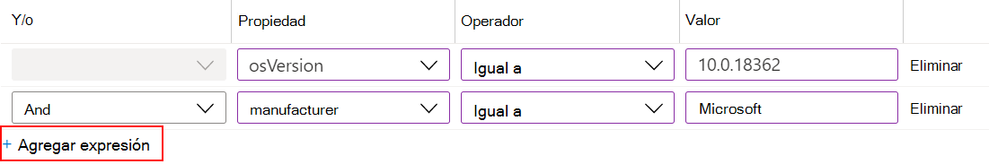 Captura de pantalla que muestra cómo usar el generador de reglas en Microsoft Intune para crear un filtro de asignación de expresiones y asignarlo a las directivas.