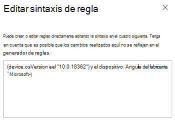 Captura de pantalla que muestra cómo usar el generador de expresiones para especificar la sintaxis de regla en Microsoft Intune.