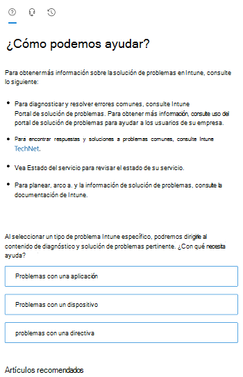 Captura de pantalla que muestra las opciones de escenario en el centro de administración de Intune.