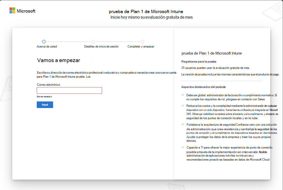 Captura de pantalla de la página web de registro de Microsoft Intune cuenta de prueba.