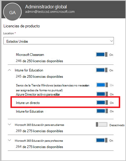Captura de pantalla de la página de asignación de licencias de producto que muestra la licencia A Direct de Intune seleccionada.