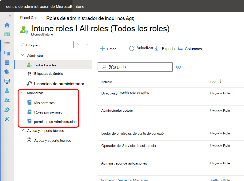 Captura de pantalla de las opciones para supervisar RBAC desde el centro de administración de Intune.