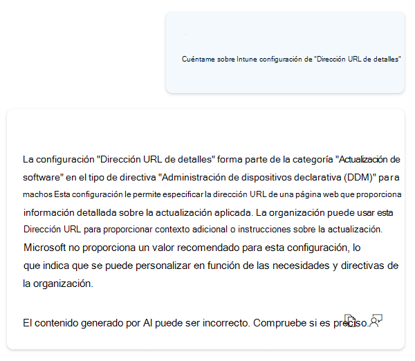 Captura de pantalla que muestra Copilot dando información más detallada sobre cualquier configuración del catálogo de configuración de Microsoft Intune y Intune centro de administración.