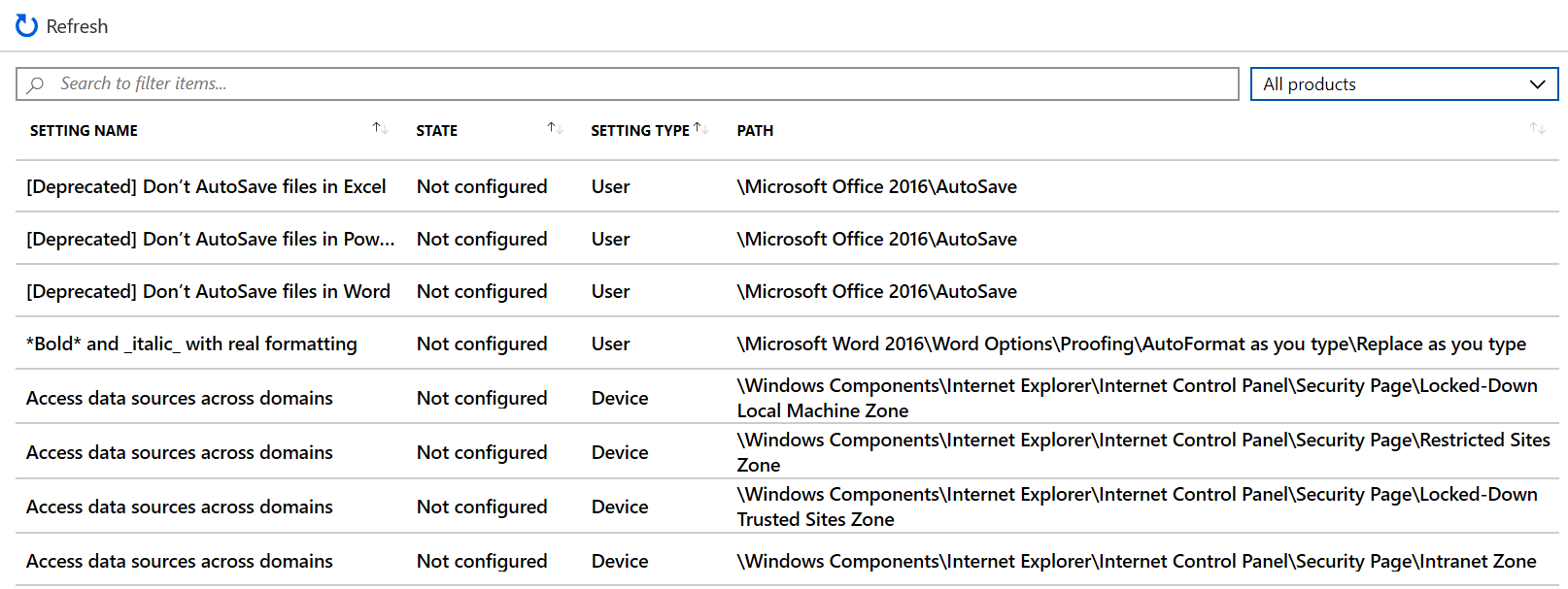 Vea una lista de ejemplo de la configuración y use los botones anterior y siguiente en Intune centro de administración y Microsoft Intune.