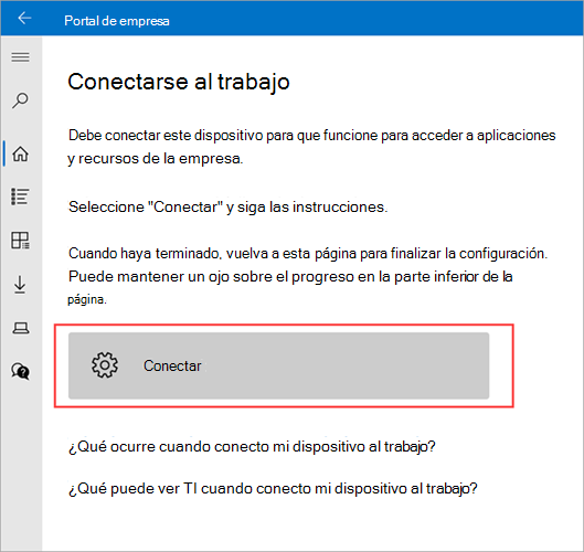 Imagen de ejemplo de Portal de empresa > conectarse a la pantalla de trabajo resaltando el botón Conectar.