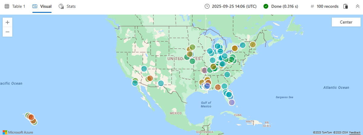 Captura de pantalla de eventos de ejemplo de tormenta en un mapa por tipo.
