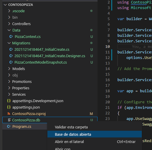 Captura de pantalla en la que se muestra la opción de menú Abrir base de datos en el panel Explorador de Visual Studio Code.