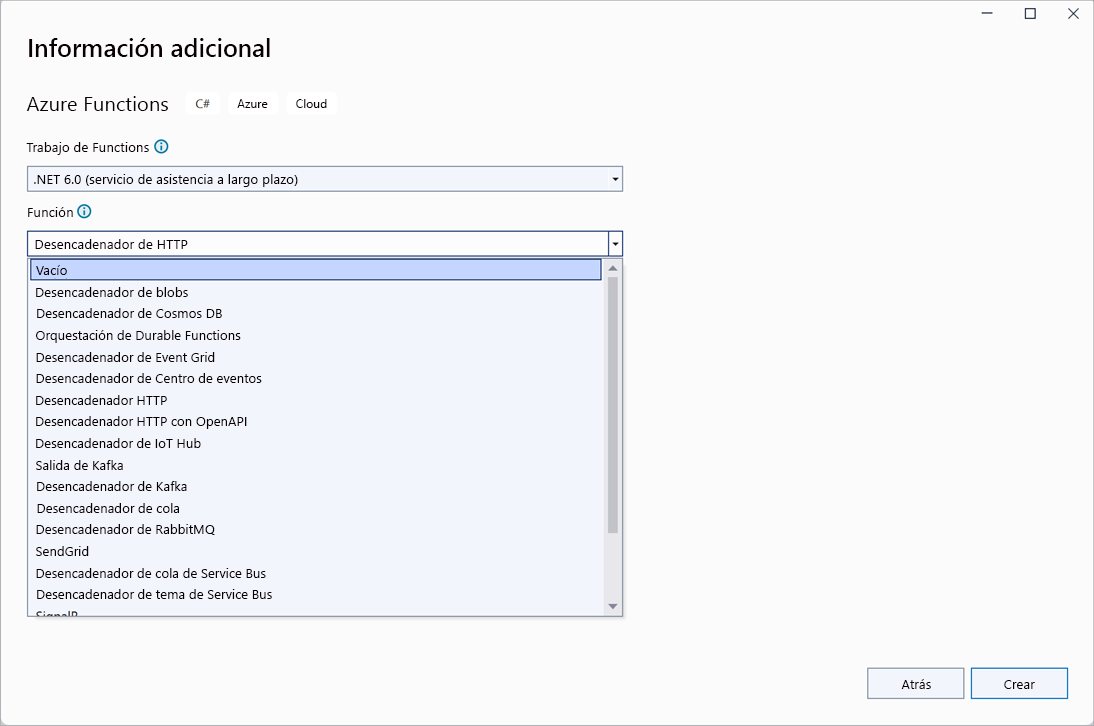Captura de pantalla en la que se muestran los desencadenadores de función de Azure disponibles, con el desencadenador de HTTP resaltado.