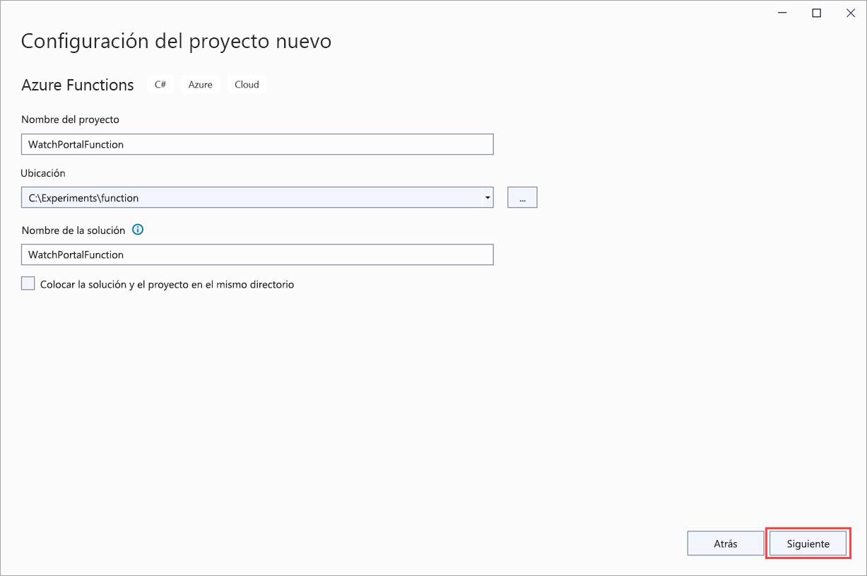 Captura de pantalla de la página Configurar el nuevo proyecto con Crear resaltado.