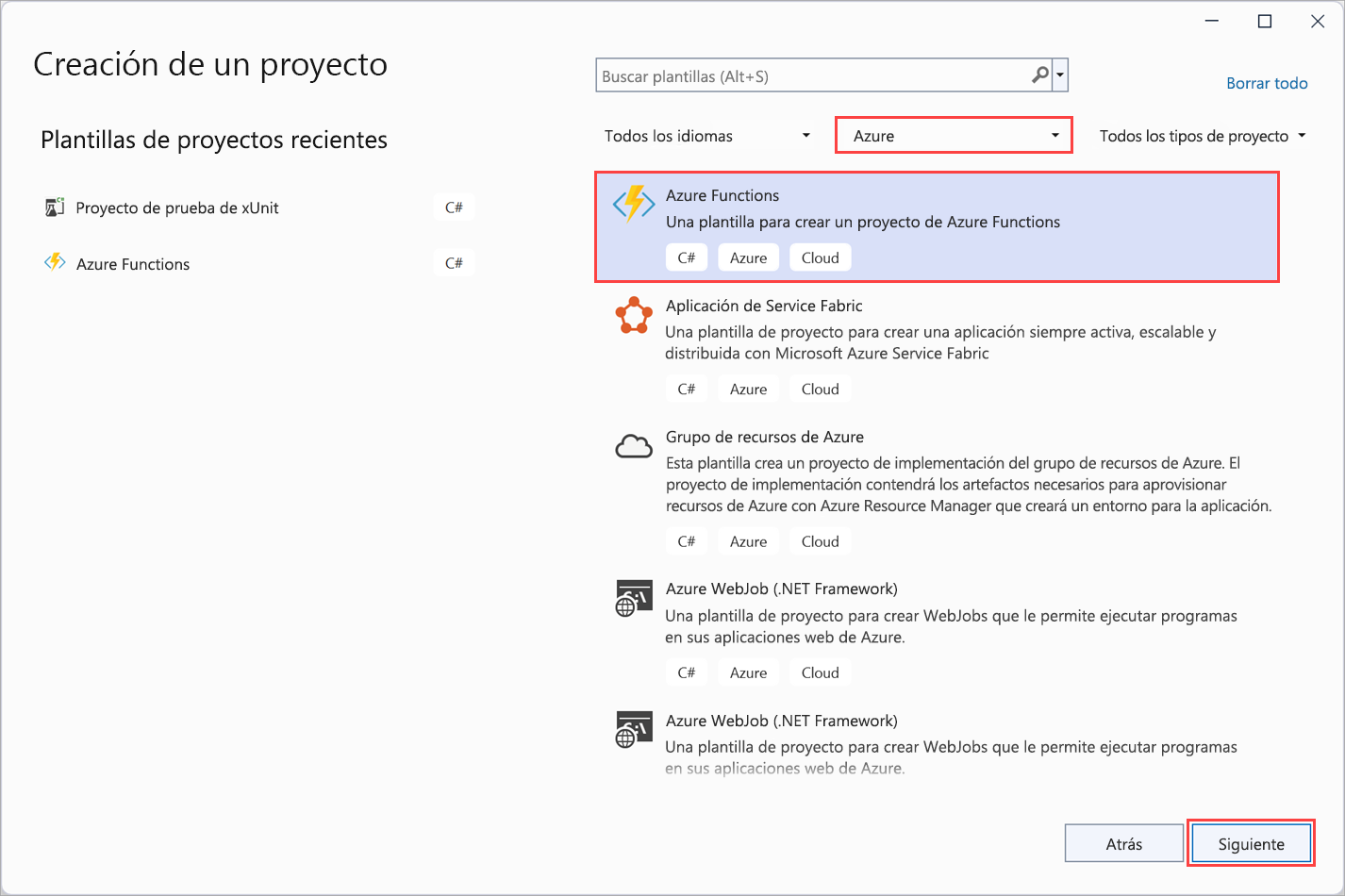 Captura de pantalla de la página Crear un proyecto de Visual Studio 2022 con la plantilla de Azure Functions resaltada.