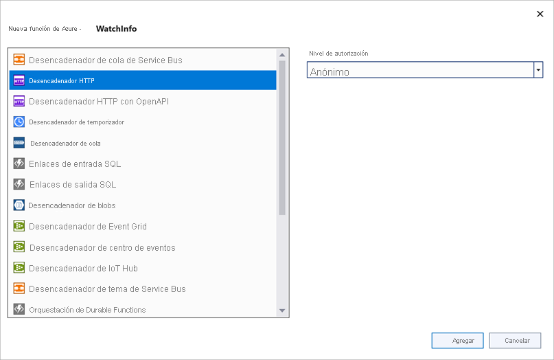 Captura de pantalla de la ventana Nueva función de Azure. El desencadenador de HTTP con derechos de acceso anónimo está seleccionado.