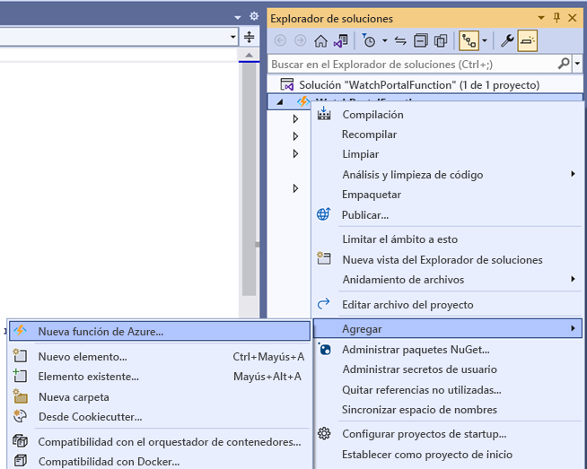 Captura de pantalla de la ventana Explorador de soluciones. El usuario ha seleccionado Agregar -> Nueva Función de Azure.