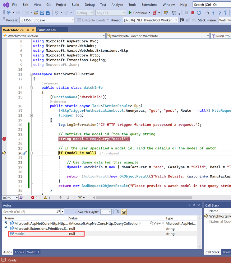 Captura de pantalla del depurador de Visual Studio, en el que se muestra el valor de la variable de modelo.