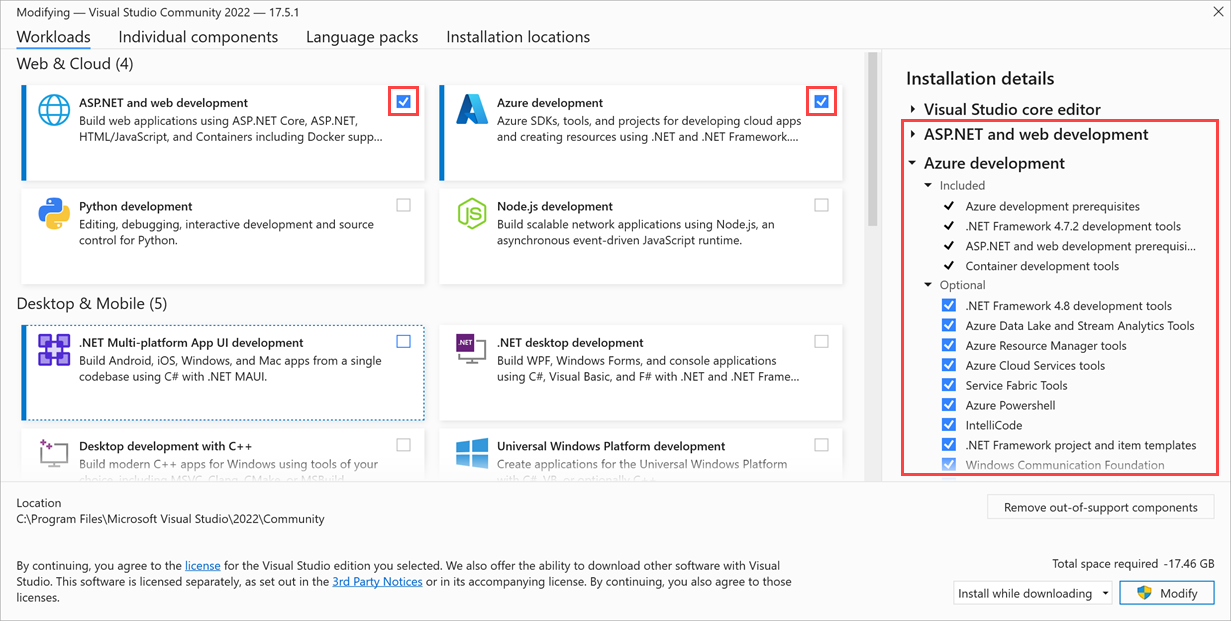 Captura de pantalla de Visual Studio 2022 con las cargas de trabajo de desarrollo de ASP.NET y Azure resaltadas.
