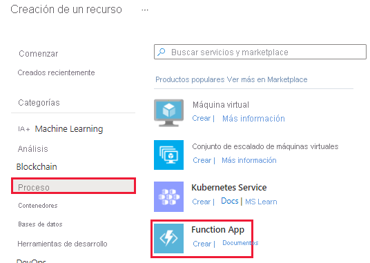 Captura de pantalla de la categoría Proceso y la opción de servicio Aplicación de funciones.