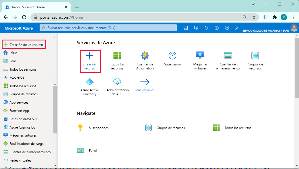 Captura de pantalla del menú de Azure Portal y la opción Crear un recurso.