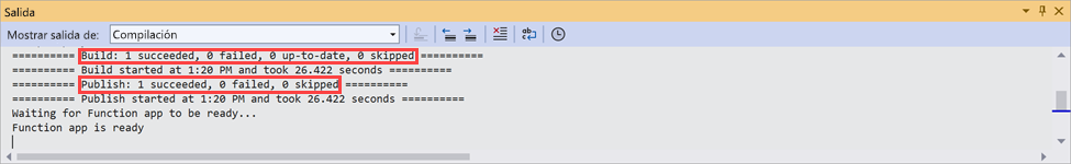 Captura de pantalla de la ventana Resultados de Visual Studio. Los mensajes de salida indican que las funciones se han publicado correctamente.