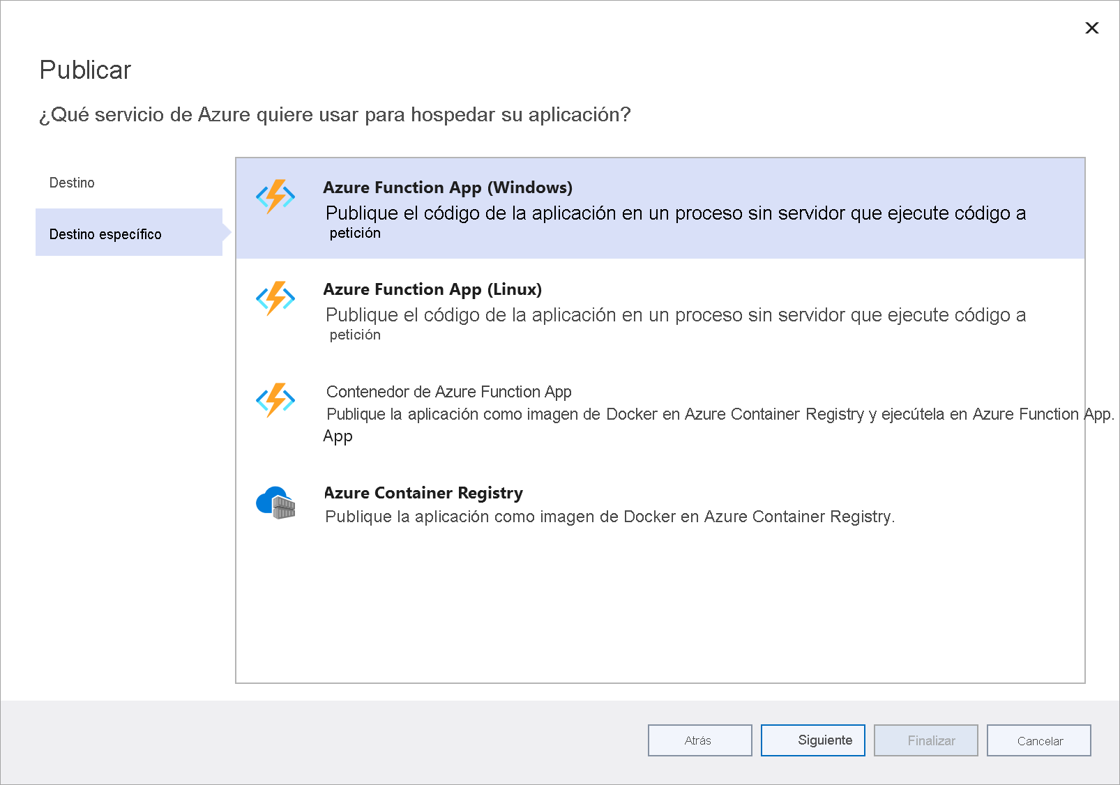 Captura de pantalla de la ventana Publicar destino específico con la opción Azure Function App (Windows) resaltada.