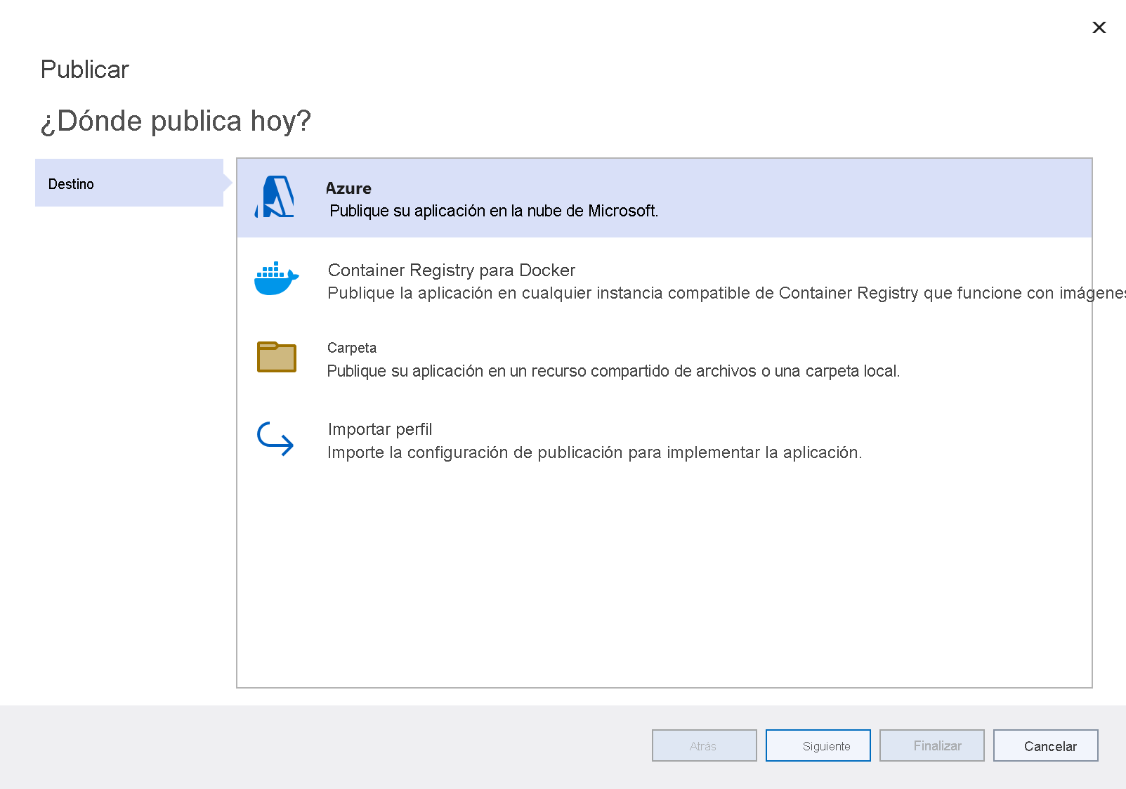 Captura de pantalla de la ventana de destino de publicación con la opción Azure resaltada.