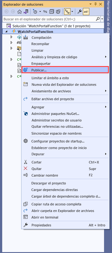 Captura de pantalla de Visual Studio en la que se muestra la opción Publicar para el proyecto WatchPortalFunctions.